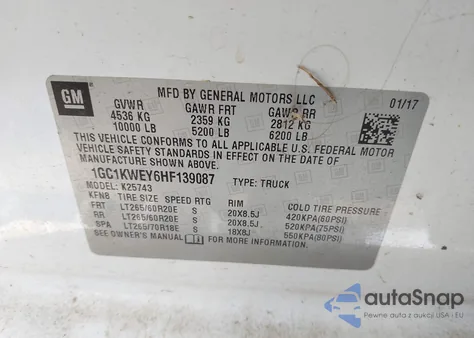 2017 Chevrolet Silverado 2500Hd Ltz z USA, uszkodzony, nr VIN 1GC1KWEY6HF139087